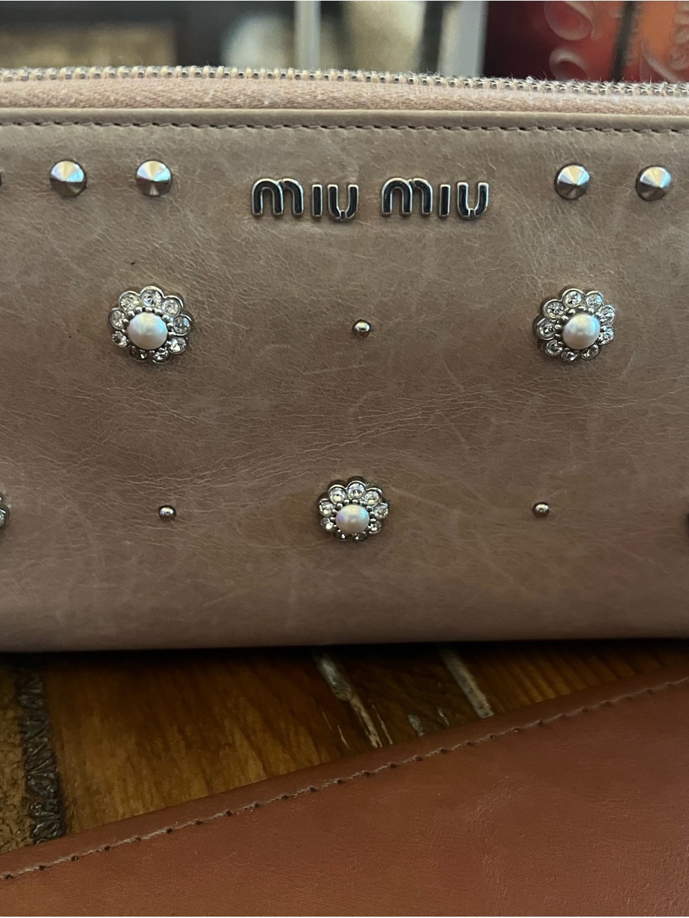 Miu Miu Studded Crystal Floral Zip Around Wallet in Blush! EUC!